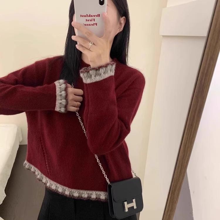 Arctic velvet washing water, lace crew neck knitted sweater for women's autumn and winter inner sweater design feeling lazy and relaxed