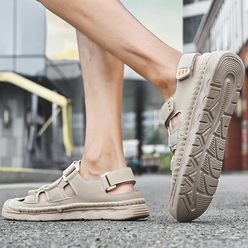 Summer Men's Leather Sandals Handmade Outdoor Ventilated Beach Slides Non-Slip Sole Casual Shoes