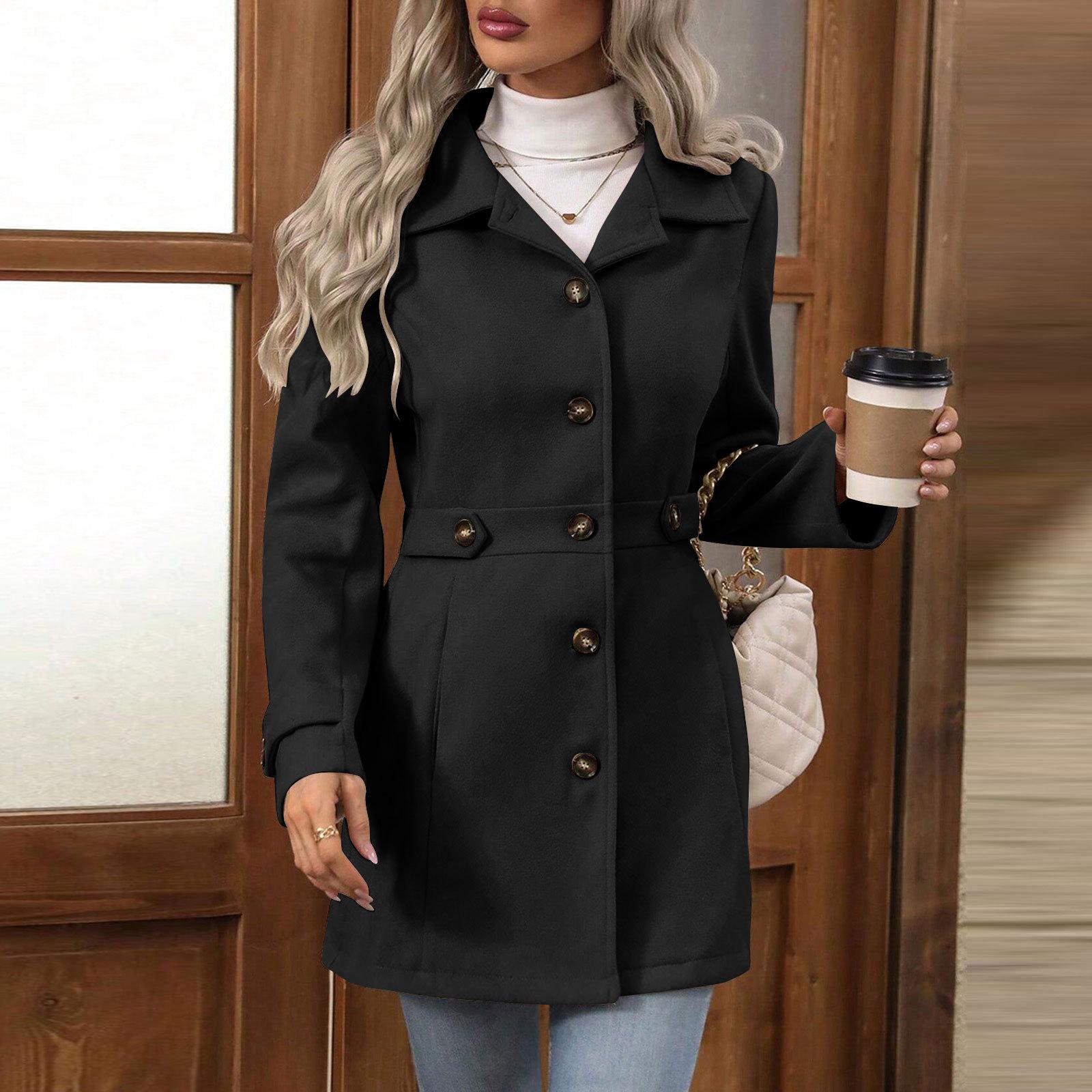 Women s Lapel Long Sleeve Wool Coat Slim Fit Single Breasted Solid Color Belted Midi Woolen Jacket Elegant Fall Winter Outerwear S чёрный