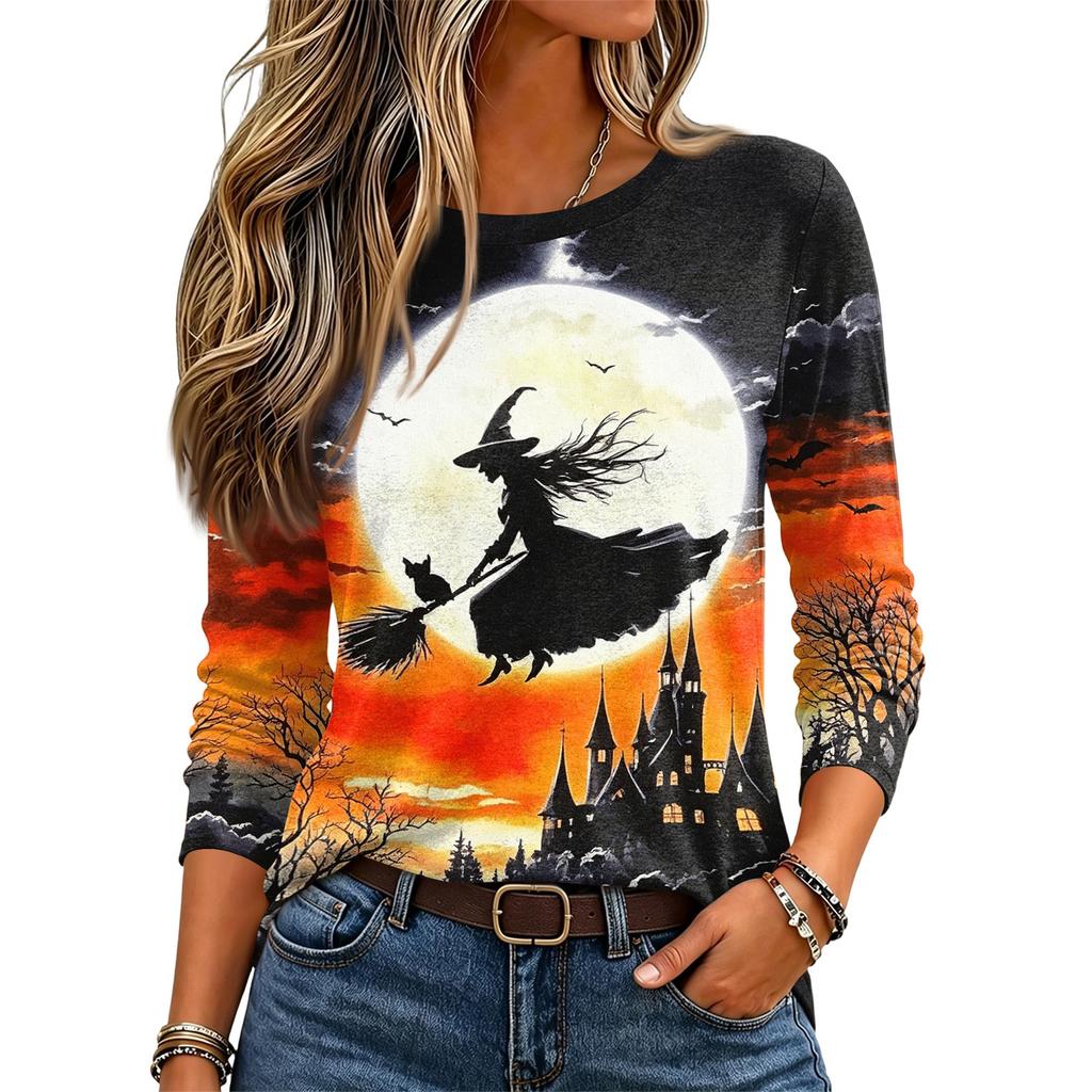 Women's Fashion Halloween Print Long Sleeve Neck Pullover Top for Fall