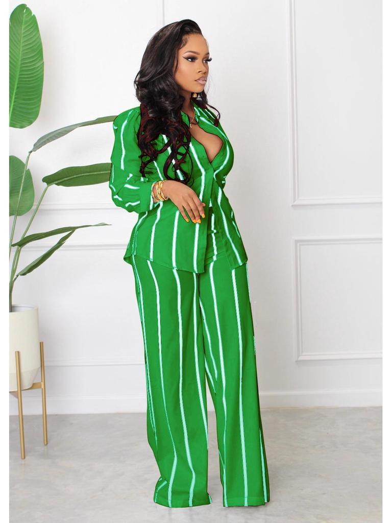 Women's Striped Printed Long-Sleeve Shirt Suit - Two-Piece Set
