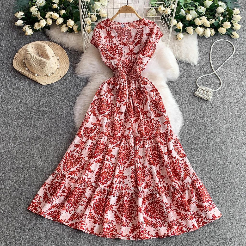 French light and mature style temperament printed V-neck dress women's new elastic pleated waist thin ruffle edge dress