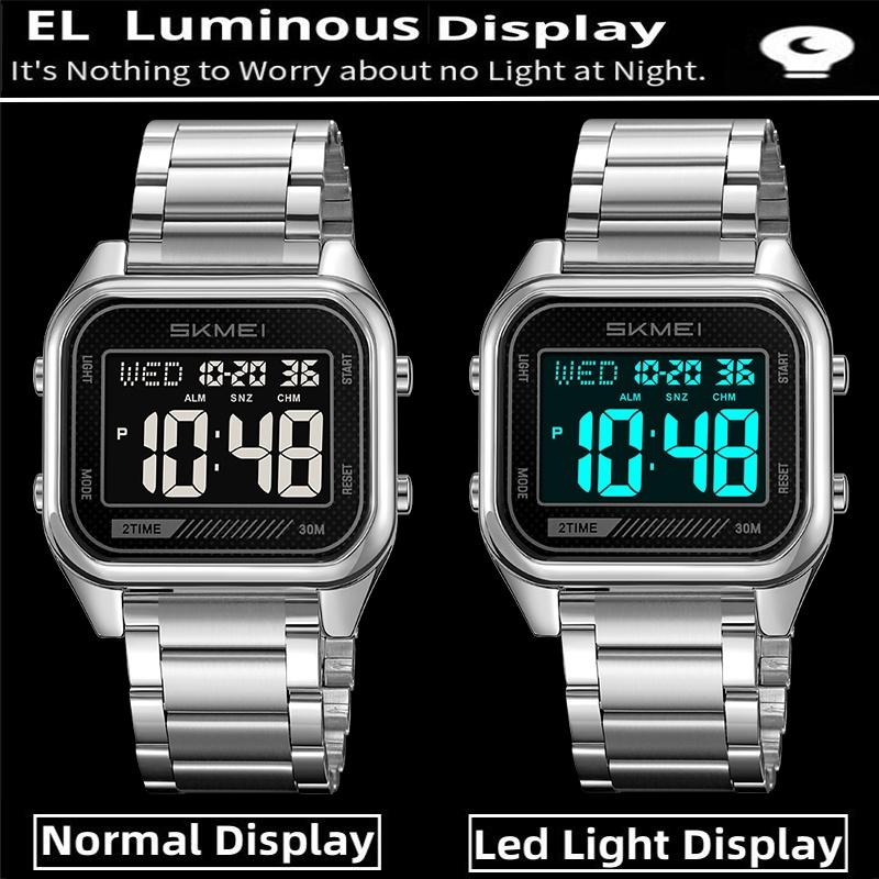 Skmei Dual Time Zones Digital Watches for Mens Luxury Full Steel Strap LED Waterproof Chronograph Fashion Sports Alarm Clock