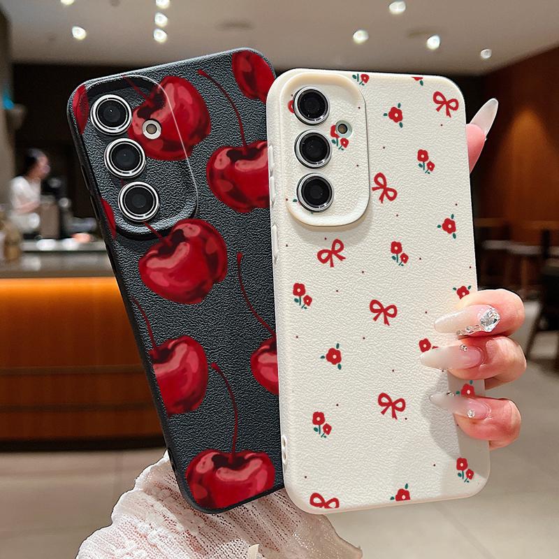 Cherry Fruits Print Case For Samsung S26 S25 Ultra S24 S23 S22 S21 FE A15 A35 A55 A16 A36 A56 A17 A18 A37 A57 5G Leather Texture Soft Cover