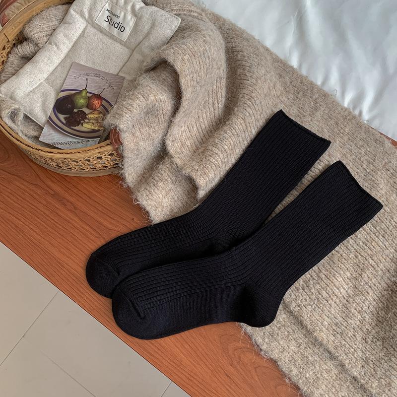 

5pair Basic Solid-Color Socks Women S Autumn And Winter Double-Needle Strips Versatile Medium-Tube Cotton Socks Simple Stacking Socks One size fits all чорний