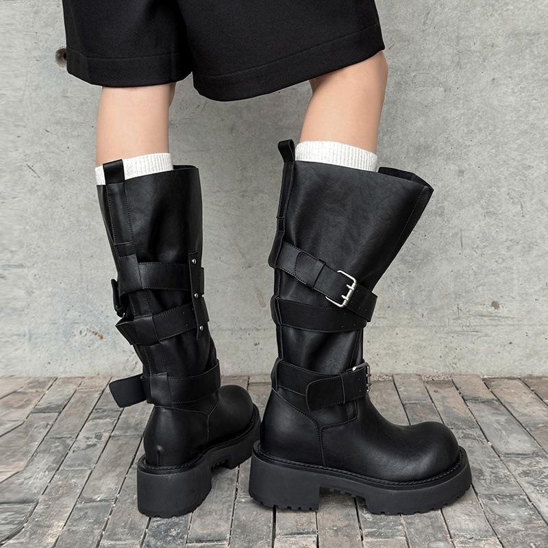 2025 Autumn and Winter New Maillard Retro Knight Boots Women's Versatile Thick-soled Stacking Boots Round Head Belt Buckle Boots