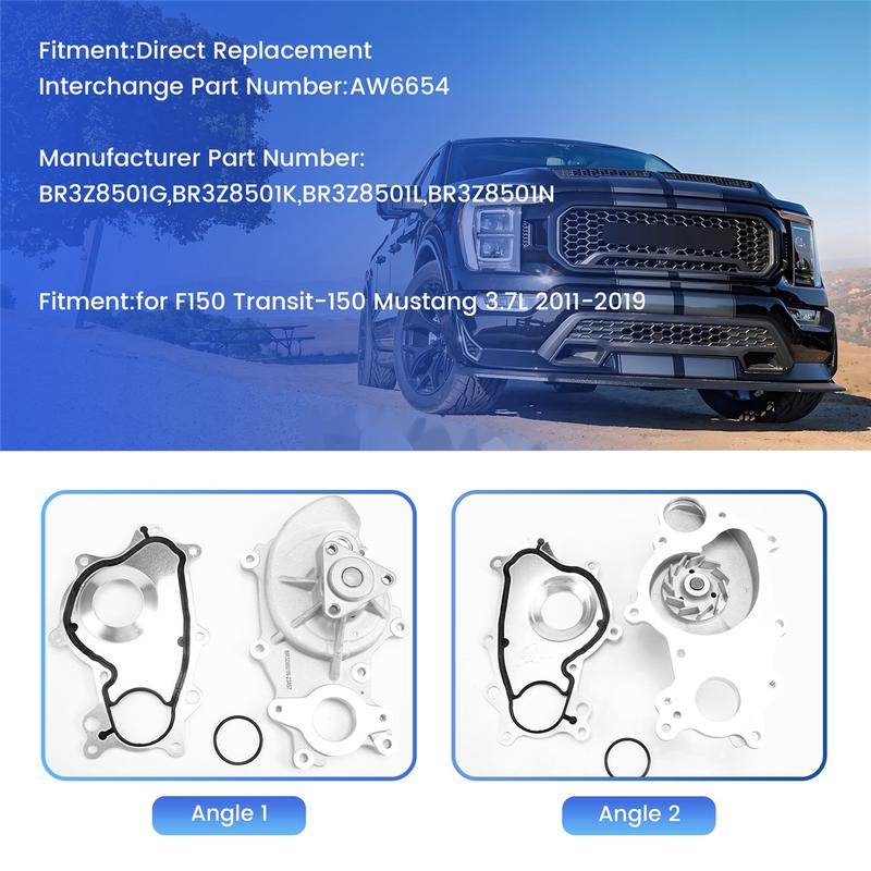 #916R NEW Water Pump AW6654 BR3Z-8501-N Fits for Ford F150 Transit-150 Mustang 3.7L 2011-2019 (Silver)