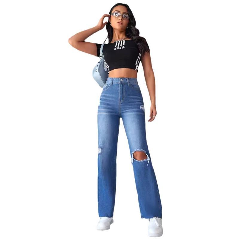 Straight Jeans Women's Pant Washed and Torn Holes Non-stretch Wide-leg Trousers