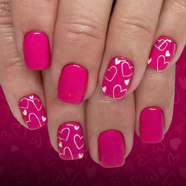 

24Pc Short Length Glitters Fake Nail Press On Nail Pink White Heart Patterns ABS Constructions Valentines Decorations 1