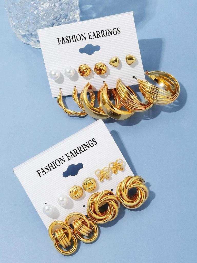 22Pcs/Set Fashion Gold Color Simple Earrings Retro Versatile Heart Faux Pearl Geometric Design Earring Daily Wear Jewelry Gifts