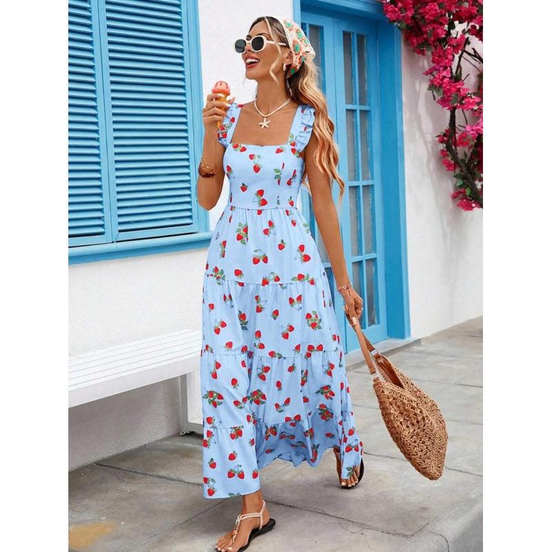 European fashion casual elegant romantic ethnic printing seaside vacation winning square collar dress XS