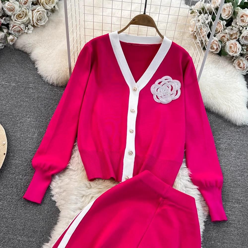 Set de modă: Cardigan tricotat cu mâneci lungi, culoare contrastantă, decolteu în V, set din două piese, talie înaltă, pantaloni cu picior drept, picior larg