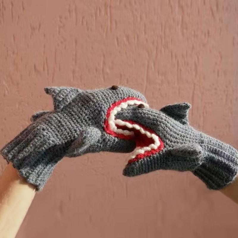 Unisex Windproof Gloves Warm Lining Mittens Cozy Cartoon Shark Shape Cycling Mittens Winter Cold Weather Accessories