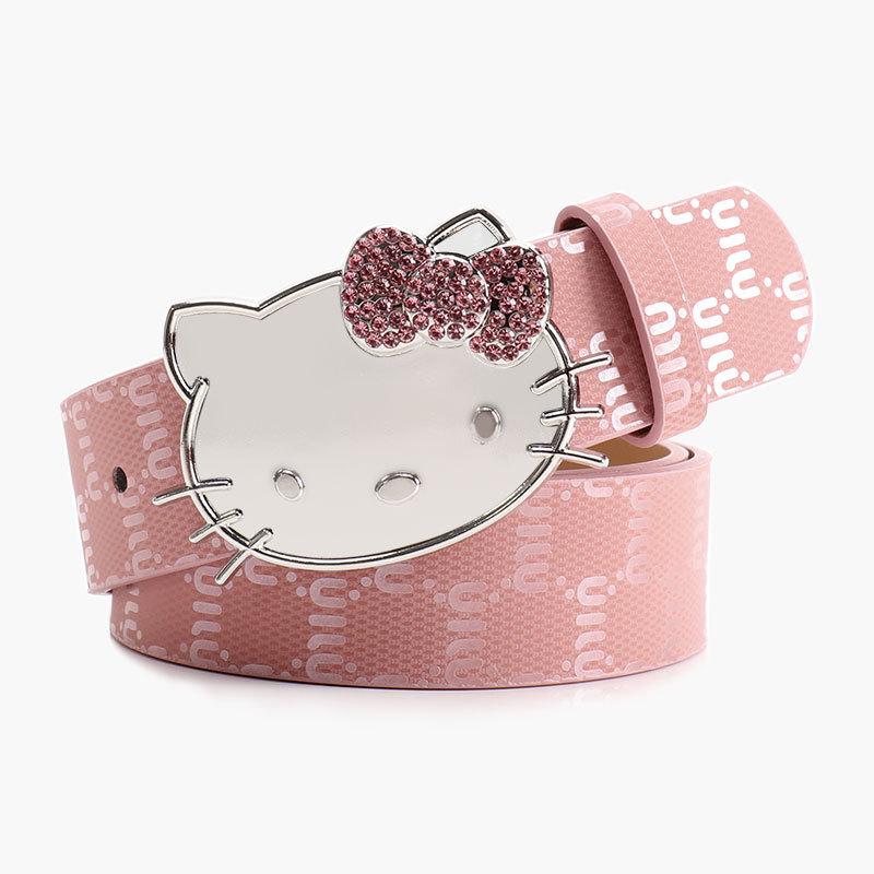 Metalowy Pasek Damski Hello Kitty z Nadrukiem Litery i Cyrkoniami do Codziennego i Eleganckiego Ubioru