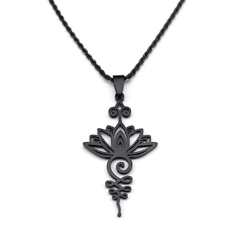 Artistic Lotus Flower Pendant Necklace for Women Men Stainless Steel Black Color Yoga Healing Chakra Necklaces Goth Jewelry