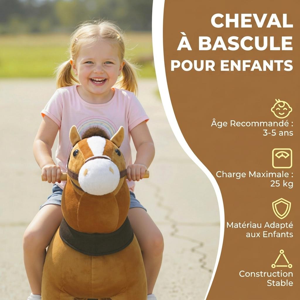 Ride-On Horse for Children, Plush Horse on Wheels, Handle, 75 cm Tall, Ages 3-5, Brown