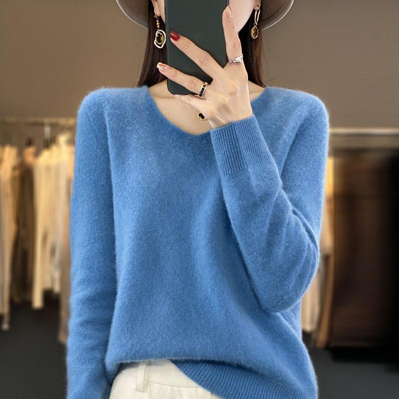 Modny Wełniany Sweter Kaszmirowy Pulower Damska Dzianina Dekolt V Długi Rękaw Jesień Zima Moda Podstawowa Odzież Topy
