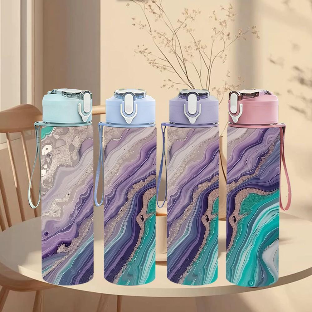 1PC Purple Green Swirl Agate Marble Texture 750ml Color Plastic Sports Water Bottle Leakproof Flip Straw Lid Suitable for Sports Office Home Use