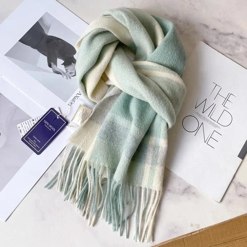 100% Pure Wool Scarf For Men Winter Deep Blue Plaid Wool Neck Warmer Luxury Gift For Boyfriend Dad And Elderly