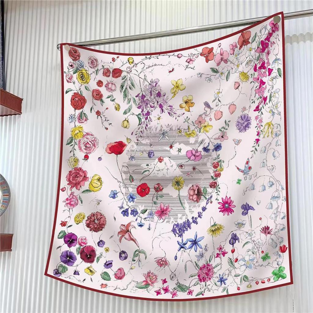 90cm Large Twill Silk Scarf: High-Quality, Fashionable Square Print, Versatile Shawl with Sun Protection