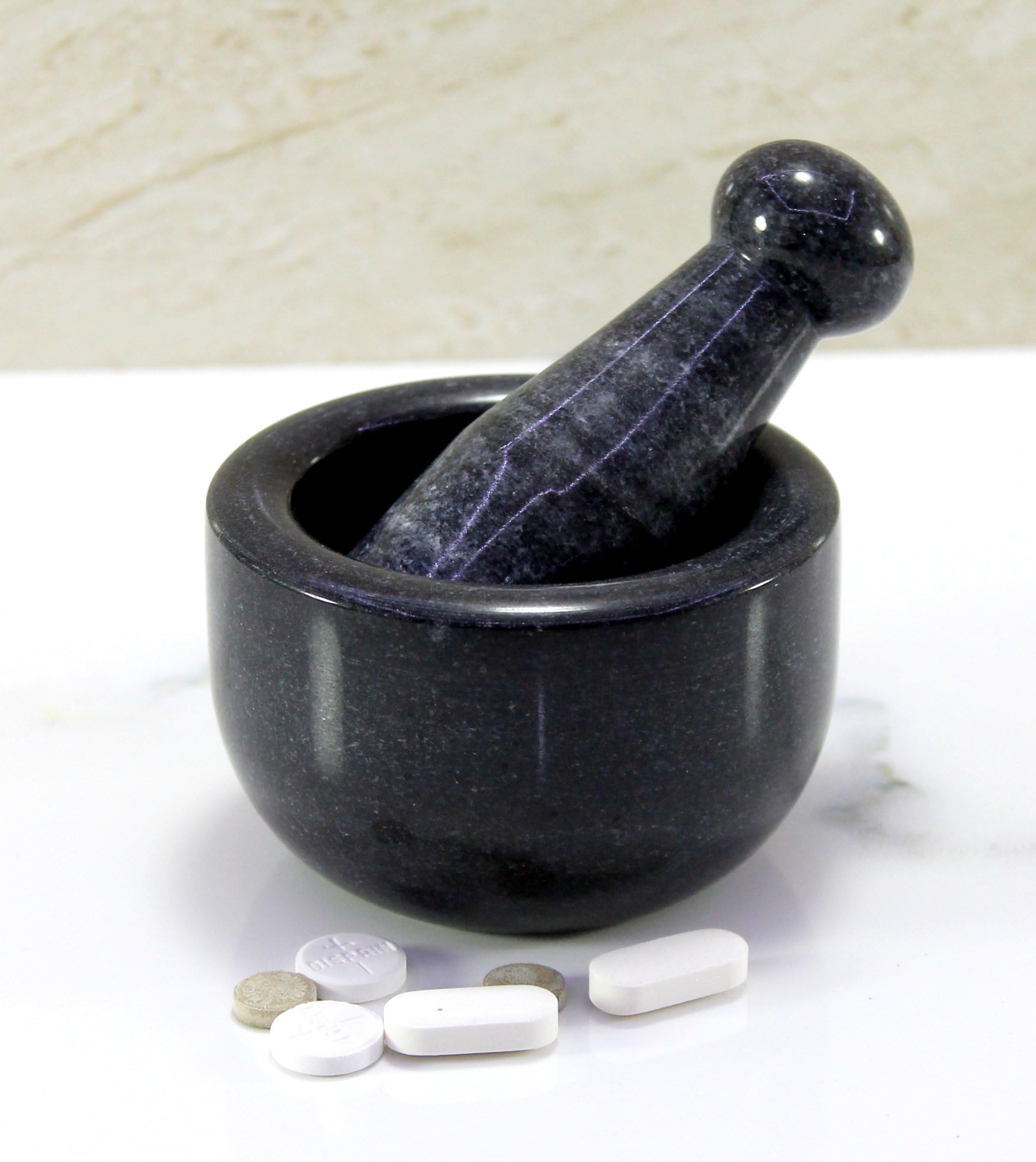 

KLEO 3 Diameter Black Natural Stone Mortar and Pestle Set for Spices, Medicine, Pills, Grinder, and Masher - Small Size