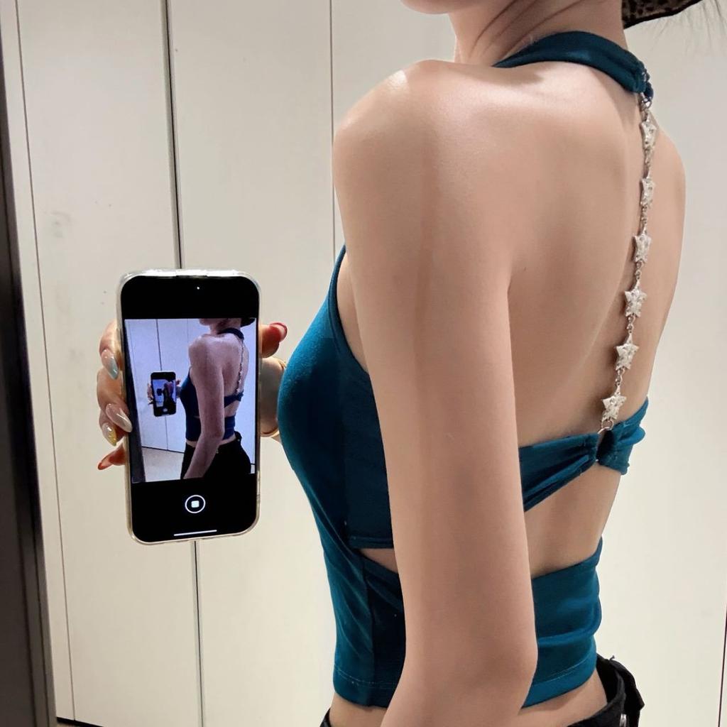 Chain Halter Camisole Sexy Backless Beauty Back Tank Top With Built-in Bra Hollow Out Bralette For Outer Wear