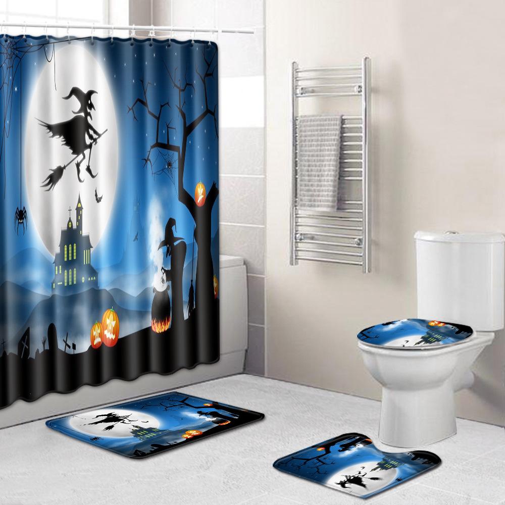 Halloween Shower Curtain Floor Mat Combination Four-Piece Set Bathroom Toilet Carpet Shower Room Foot Mat