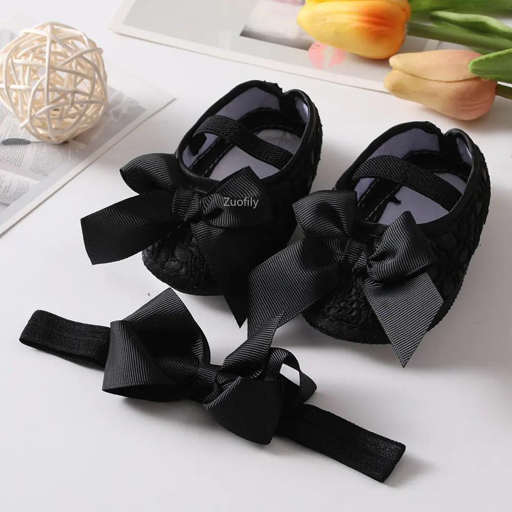 

Soft Sole Flower Newborn Baby Girl Christening Shoes Headband Set Lovely Princess Lace Bowknot Infant Non Slip First Walker 13-18Months чорний