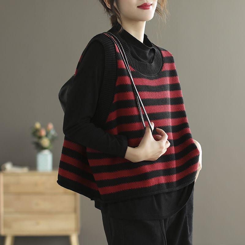 

Vintage Striped Spliced Sweater Vest Spring Autumn Korean Loose Women s Clothing Casual Round Neck Sleeveless Knitted Jumpers L червоний