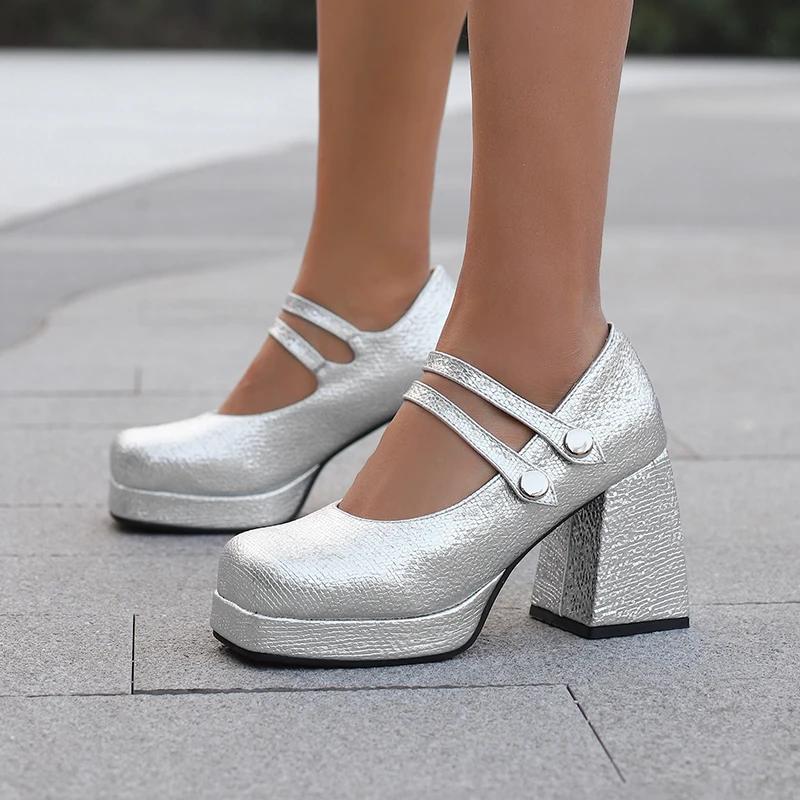 Plus Size Double Row Metal Buttons Ultra-High Thick Heels Korean Style High Heels Square Toe Platform Breathable Hollow Pumps