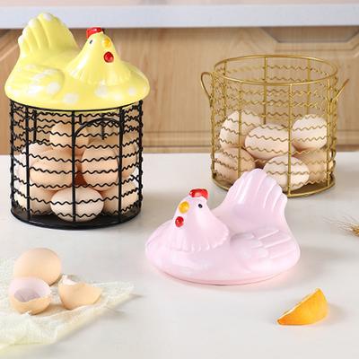 Vintage Wire Egg Storage Basket with Ceramic Lid Egg Holder Chicken Egg Basket Fruit Organizer Case Kitchen Storage Container