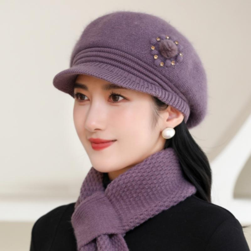 Winter Cap Women Autumn and Winter Knitted Cap Warm Faux Rabbit Fur Beret Plush Ear Protector Wool Cap