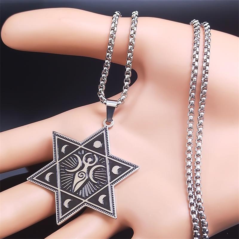 Wicca Triple Moon Goddess Crescent Necklace Stainless Steel Occult Moon Phases Hexagram Necklace Witch Amulet Jewelry collar