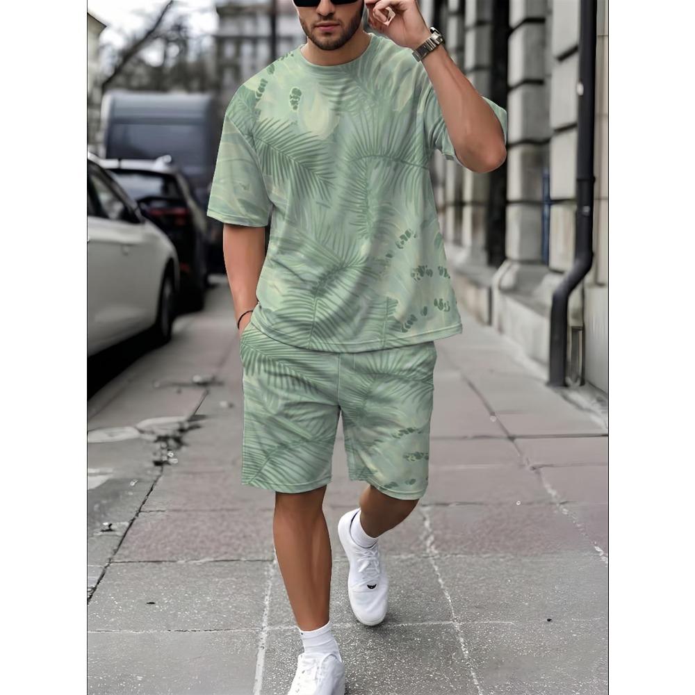 Men s summer casual two-piece plant leaf print set 2XS
