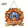 Bright Halloween Wall Art Wooden Hanging Decor Sign, Spooky Black Cat Pumpkin Witch Ghost Ornaments Sunflower Decoration with Jute Rope, Festive