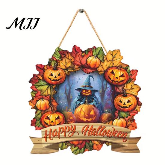 Bright Halloween Wall Art Wooden Hanging Decor Sign, Spooky Black Cat Pumpkin Witch Ghost Ornaments Sunflower Decoration with Jute Rope, Festive