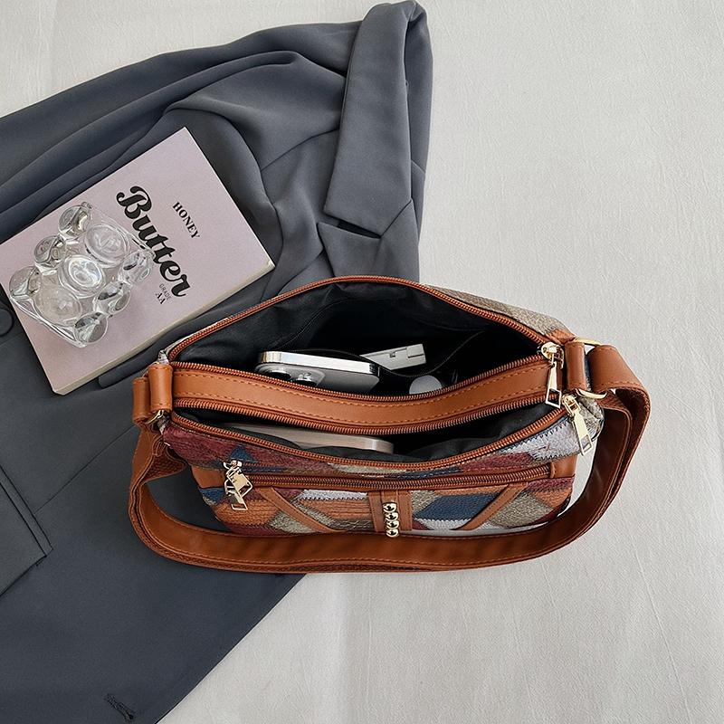 Middle-Aged Mother Bag Stitching Color Block Crossbody Bag Women Retro Multi-Compartment Large Capacity Shoulder Bag