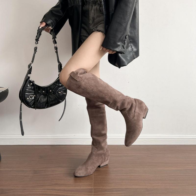 Sheepskin Version~ Thick Heel Pointed Boots Women's Summer Thin New Models But Knee Suede Retro Stacked Knight Boots