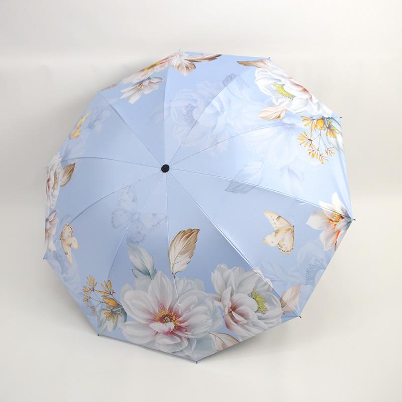 Tri-fold vinyl national style peony sunscreen umbrella UV protection sun umbrella antique high value digital printing umbrella