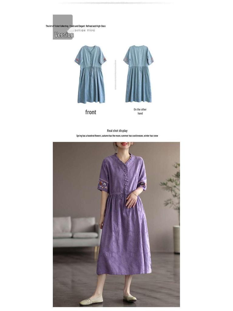 Damska Artystyczna Retro Sukienka z Krótkim Rękawem, Średniej Długości, z Haftowanego Bawełnianego i Lnianego Żakardu, ze Sznurkiem w Talii