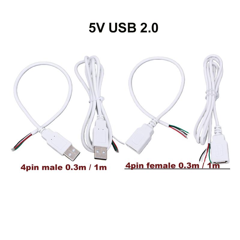 5V USB 2.0 Female Male 4Pin Wire Power Supply Cable Jack Charging Extension Connector white 0.3m 1m for computer accessories