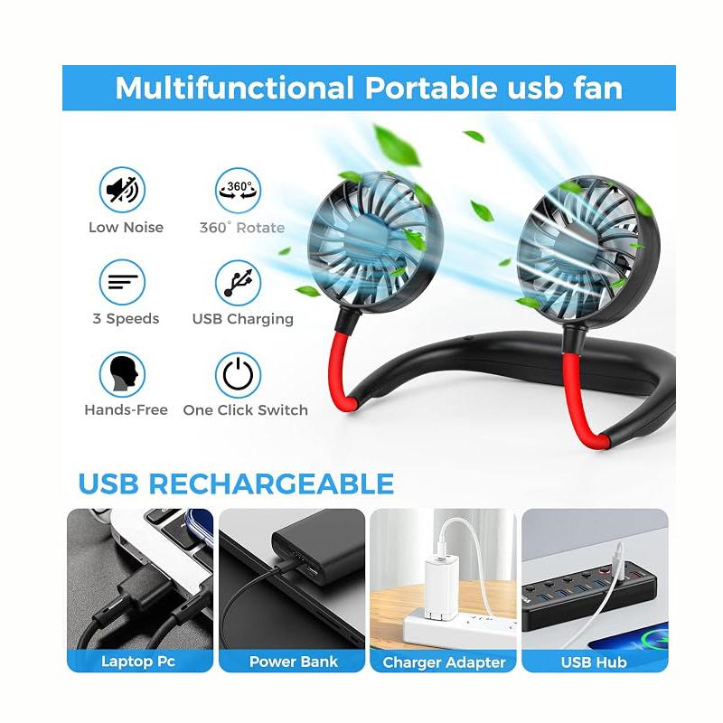 Travel Portable Neck Fan Usb Personal Mini Lazy Person Fan 360 Degree Rotation Cooling Wearable Fan with Electric Power Source