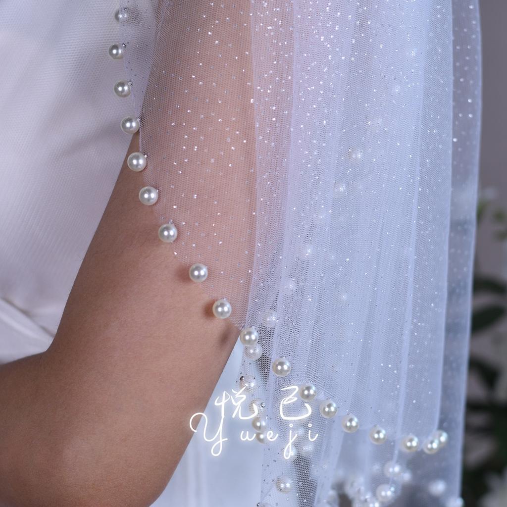 Detachable Glitter Tulle Puff Short Sleeve Cuffs, Mixed Size Pearl Beaded Sheer Arm Covers for Wedding Bridal Evening Dress