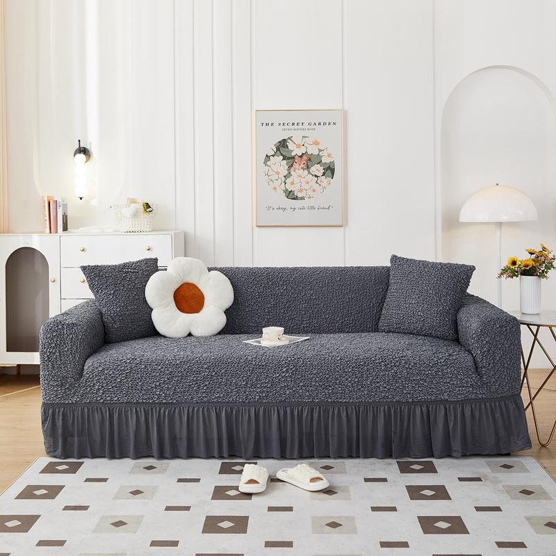 

Elegant Sofa Slipcover with Skirt for 1/2/3/4 Seater Stretchable Polyester Non-Slip Bubble Cloth Pet and Living Room Protector 1-Seater 90-140cm серый
