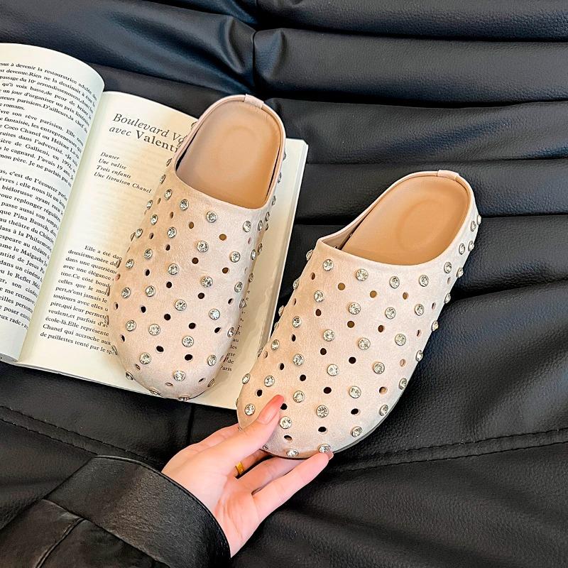 Fashion High-end Rhinestone Baotou Semi-slippers for Women 2025 Spring and Summer Hollow-out Slip-on Soft-soled Slip-ons