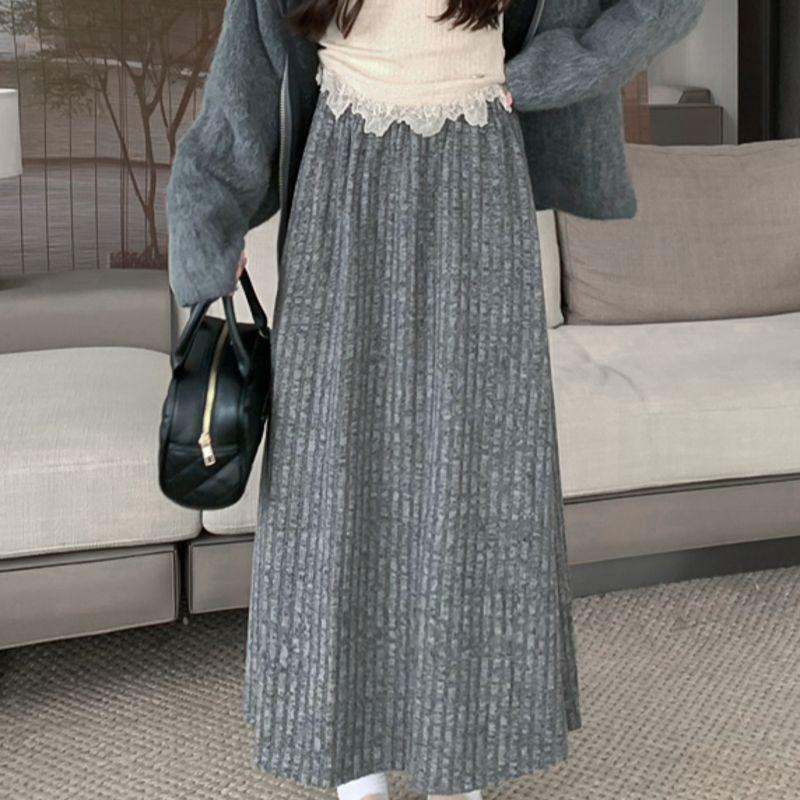 

2025 Women s Grey High-Waisted Ribbed Knit Long Skirt - Autumn/Winter Versatile Solid Color L (105-115 jin)