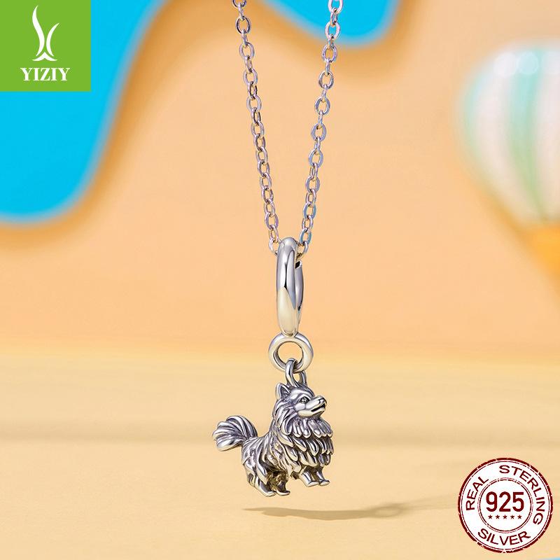 S925 Sterling Silver Pomeranian Pendant Opening And Closing Button Head, Cute Puppy Dog Sterling Silver Beaded Accessories