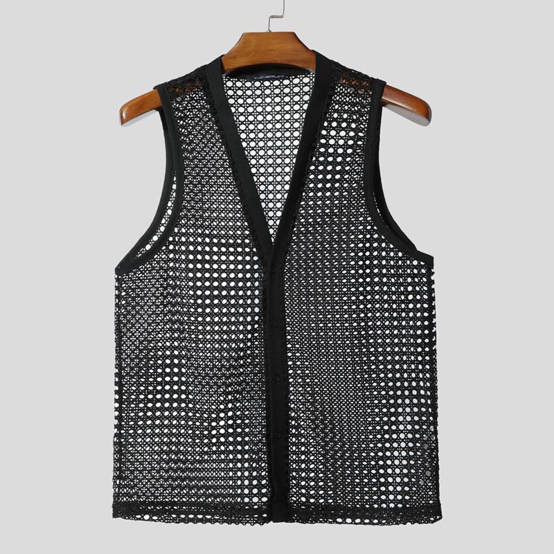 

INCERUN Summer Men V Neck Sleeveless See Through Mesh Hollow Beach Loose Tank Tops 4XL чёрный