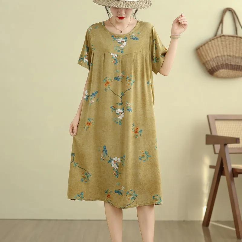 Summer Women Yellow Floral Print Loose Casual Cotton Dress