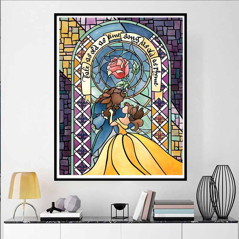 Disney Diamond Painting Beauty and The Beast Stained Glass Art Illustration 5D Full Diamond Art Mosaic DIY Embroidery Cartoon Wall Decoration